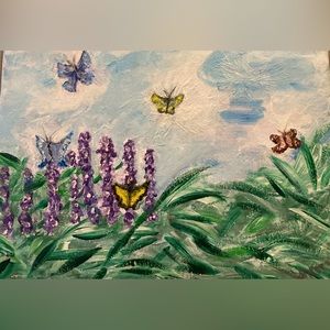 Original oil painting playful butterflies on the flowers